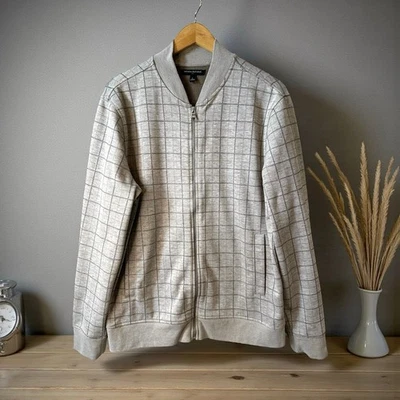 Chaqueta Bomber Banana Republic Para Hombres Estampado a Cuadros Cremallera Frontal Luz Gris Tostado Grande Foto 1 de 4