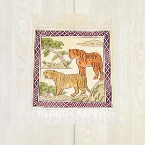 1x1ft Hand Knotted Area Rug handwoven Silk Carpet Tigers Tapestry LJH109A - Picture 1 of 9
