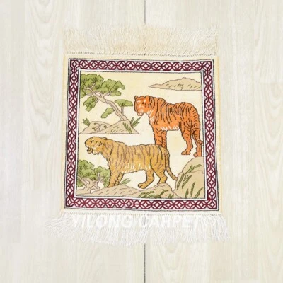 1x1ft Hand Knotted Area Rug handwoven Silk Carpet Tigers Tapestry LJH109A - Image 1 of 4