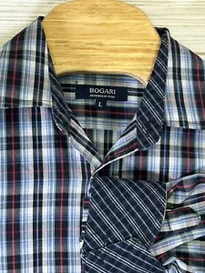 Bogari Men's Blue Black Red Plaid Designed in Italy Sz Lg Flip Cuff Long Sleeve - Picture 1 of 8