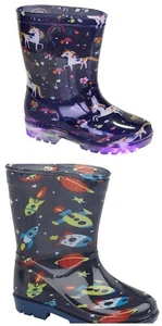 BOYS GIRLS LIGHT UP WELLIES NAVY RAIN WELLYS WELLINGTON BOOTS UK SIZE 8-1 - Picture 1 of 3