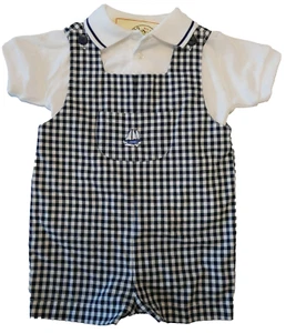 VTG NWT Good Lad 2pc Blue Check Romper+White SS Shirt 18mo Embroidery SAILBOAT - Picture 1 of 9