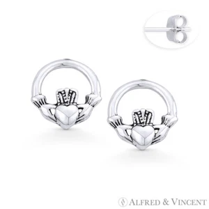 Claddagh Heart Irish Friendship Loyalty Charm .925 Sterling Silver Stud Earrings - Picture 1 of 1