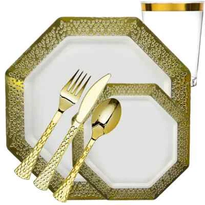 LILLIAN TABLESETTINGS LACETAGON COLLECTION Disposable Gold Plastic Tableware Set Wedding Party Package