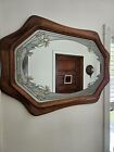 Vintage 80s Mirror Oak Wood Frame Color Etched Frosted Glass 23' x 35' Floral 