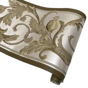 Victorian Metallic Silver Olive Green Scroll Leaf Wallpaper Border - Picture 1 of 9