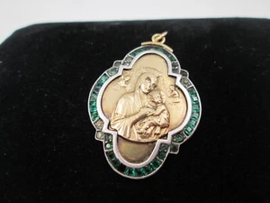 Art Deco 40er Jahre Jungfrau Maria Medaille 18K Gold Silber grüne Edelsteine religiös - Bild 1 von 12