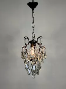 Antique Vintage Brass & Crystals Small Chandelier French Lamp Lighting Fixtures - Picture 1 of 10