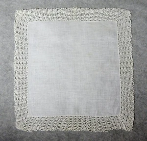 Square Handkerchief Vintage White Cotton 14"x14" Hand Crochet 1½" Edging Wave - Picture 1 of 2