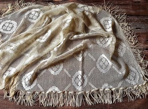 Vintage Französische Filet Spitze Ecru Seidige Baumwolle Rechteckig Tischdecke mit Quasten - Bild 1 von 12