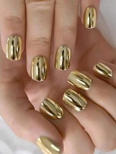 24pcs SHORT Square Press On Nails - Cool Metallic Mirror Light Gold False Nails - Picture 1 of 1