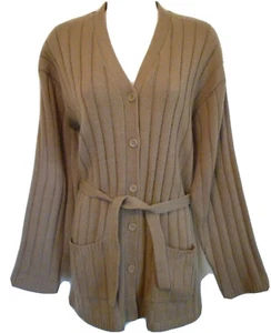 Womens Large tan beige long relaxed fit cardigan sweater pockets tie waist vneck - Picture 1 of 12