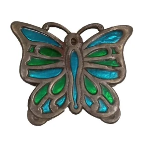 Vintage Blue and Green Stained Glass Metal Footed Butterfly Trivet - Picture 1 of 6