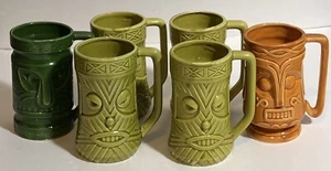 6 Vintage Westwood Tiki Becher Keramik mit Griff MCM Japan 4 3/8 Zoll Lt grün orange  - Bild 1 von 9