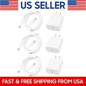 3 Pack for iPhone 14 13 12 11 Pro Max 8 7 USB-C 20W Fast Wall Charger +Cable 3ft - Picture 1 of 7