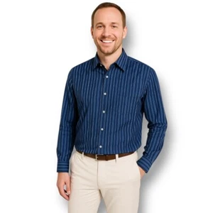 GAP L Blue Stripe Fitted Button-Up Shirt Long Sleeve Cotton Casual Everyday - Picture 1 of 9