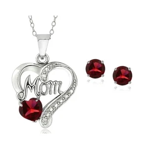 925 Silver Lab Created Ruby & Diamond Accent Heart MOM Necklace and Earrings Set - Picture 1 of 7