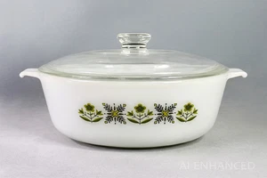 Cazuela redonda Fire King Meadow Green 2 cuartos 8,5 pulgadas #437 con tapa transparente usada en excelente estado - Imagen 1 de 16