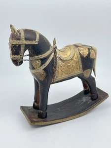 Antique wooden rocking horse Figurine with hammered brass inlay 7”Tall X 7” Long - Picture 1 of 18
