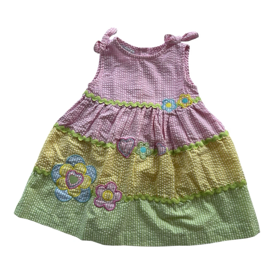 Girls Vintage Pastel Floral Heart Gingham Seersucker Summer Sun Dress 2T - Image 1 of 4