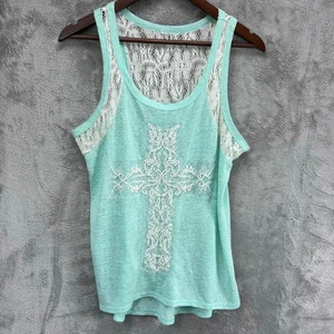 Womens Y2K Lace Back Cross Embellished Tank Top M 90s Boho Dainty Festival Sheer - Picture 1 of 7