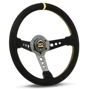 SAAS Steering Wheel Suede SRD 350mm ADR Deep Dish Black Holes + Yellow Indicator - Imagen 1 de 7