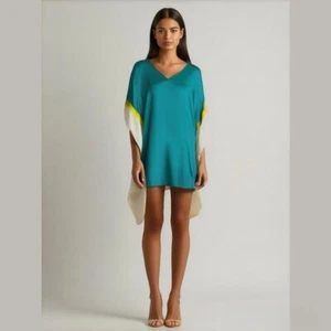 JAYGODFREY Colorblock Teal Drape Kimono Poncho Mini Dress 100% Silk Size 2 - Picture 1 of 12