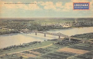 Postal LA: Puente sobre Mississippi, Baton Rouge, Louisiana, lino vintage - Imagen 1 de 2