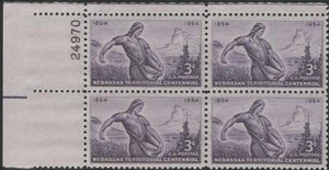 Plate Block of 4 stamps - Scott 1060 - 3 cent - Nebraska - 1954 - MNH - Picture 1 of 1