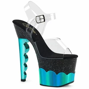 Pleaser Exotic Dancing Black Aqua Hologram Platforms Heels Shoes SCALLOP-708 - Picture 1 of 5