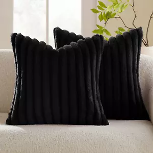 Faux Fur Plush Decorative Throw Pillow Covers Set of 2 Luxury Soft Fluffy Stripe - Picture 1 of 12