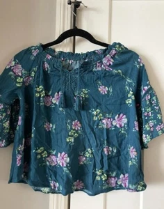 Justice Girls Teal Floral Print Notch Neck Flowy Peasant Blouse Size M(10) Nwt - Picture 1 of 3