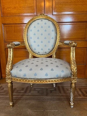 19th Century Louis XVI Gilt Arm Chair in Napoleon Bee Silk - Image 1 of 4