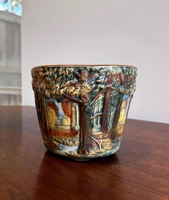 Vintage Weller Forest Tree Woodcraft American Art Pottery Vase Jardiniere 4.75” - Image 1 of 4