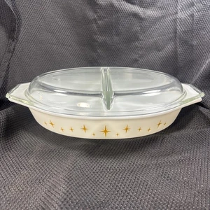 Pyrex Constellation Atomic Starburst Gold Divided Casserole Dish 1.5 qt With Lid - Picture 1 of 13