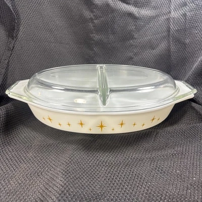 Pyrex Constellation Atomic Starburst Gold Divided Casserole Dish 1.5 qt With Lid - Image 1 of 4