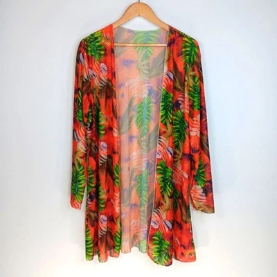 WOMEN’S Tropical Leaf Sheer Cover-Up Cardigan Kimono Orange Multicolor Large - Изображение 1 из 4