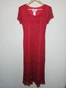 Vintage Jessica Howard Dress 10P Red Mesh Maxi Crochet Slinky Y2K Whimsigoth  - Picture 1 of 11