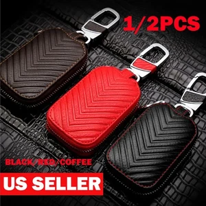 1/2x Car Key Chain Bag Leather Smart Key Holder Cover Remote Fob Zipper Case HOT - Foto 1 di 19