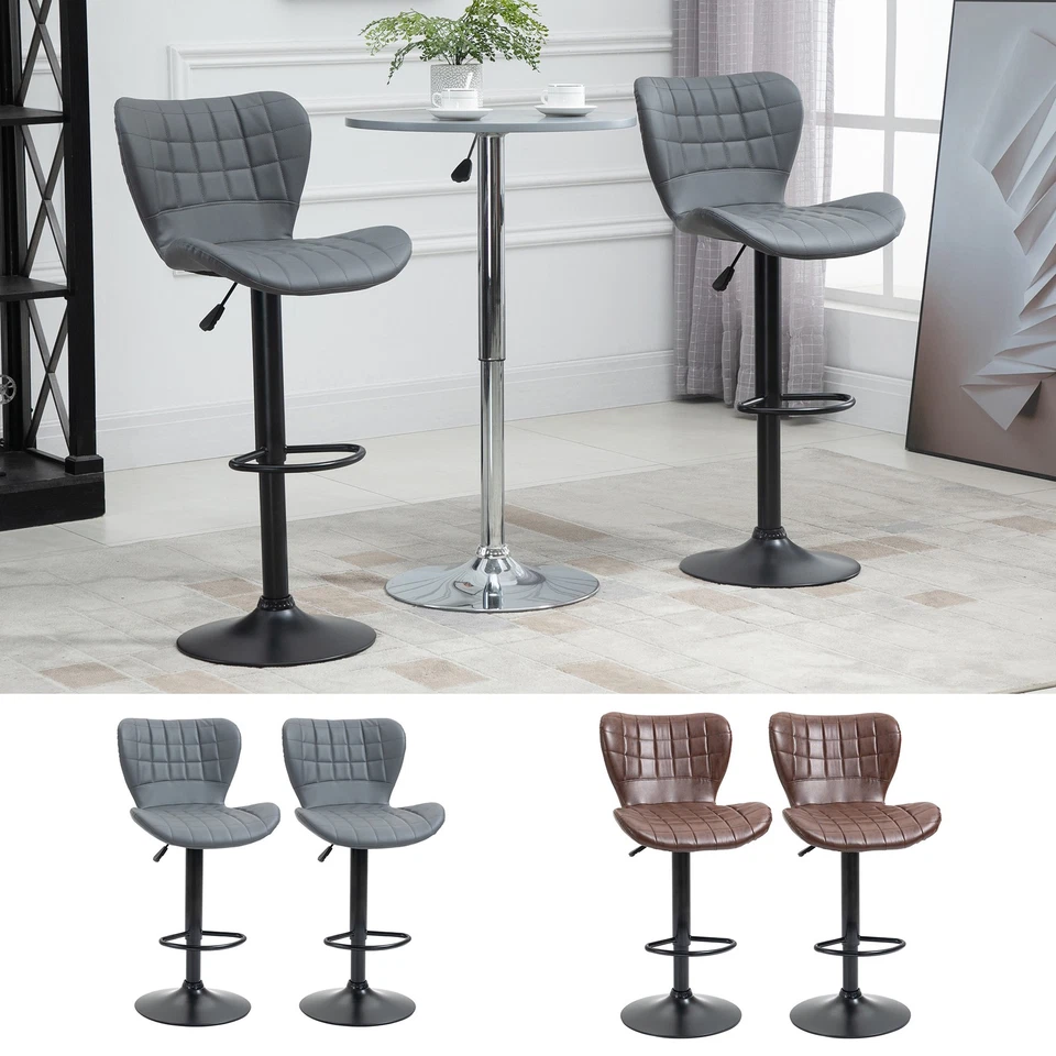 HOMCOM Bar Stools Set of 2 PU Leather Adjustable Height Swivel Bar Chairs w/ Footrest