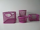 Wire Mesh Desk Organizer Set 4 pc Pink Pen, Paper Clip, Note Pad Holders New