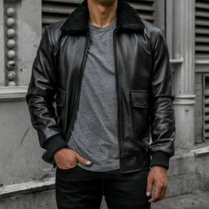 Mens Black Fur Collar Real Soft Lambskin Leather Bomber Jacket - Picture 1 of 8