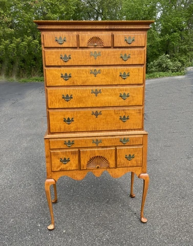 Vintage Eldred Wheeler tiger maple highboy in the country Queen Anne style chest Cover