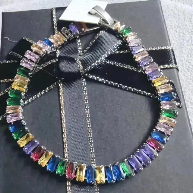 Pulsera Tenis para Ella Baguette Lab Creada Multicolor Zafiro Acero Inoxidable Foto 1 de 4