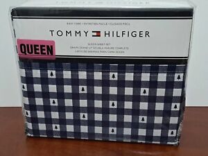 TOMMY HILFIGER QUEEN SHEET SET 4 PIECE BLUE PLAID CHRISTMAS TREES 🌲