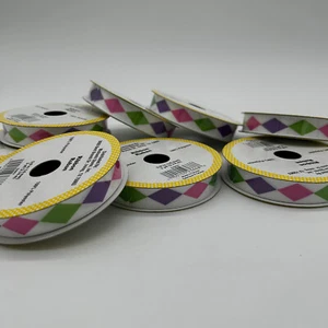 NEW 5/8" Harlequin Grosgrain Ribbon 9' Spool White Pink Green Purple Lot of 8 - Picture 1 of 5