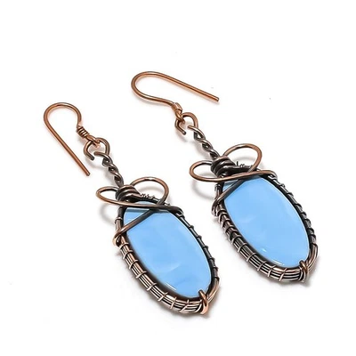 Pendientes de cobre con forma ovalada de ópalo azul hechos a mano envoltura de alambre joyería 2,7" Foto 1 de 4