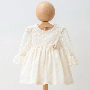 Baby Girl Floral Lace Dress, Long Bell Sleeves Waist, Rose Ivory 3-6 Months - Picture 1 of 2