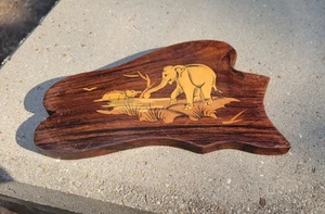 Vintage Dark Wood Elephant Plaque Wall Hanging Decor Hanger Inlaid - Picture 1 of 4