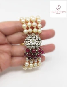 NYJEWEL Seaman Schepps Pearl Bracelet With 14k Diamonds 18ctw Natural Ruby Clasp - Picture 1 of 7